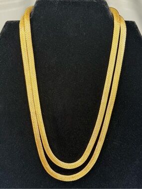 Vintage Gold Tone Double Strand Mesh Chain Necklace Ball End Lobster Clasp